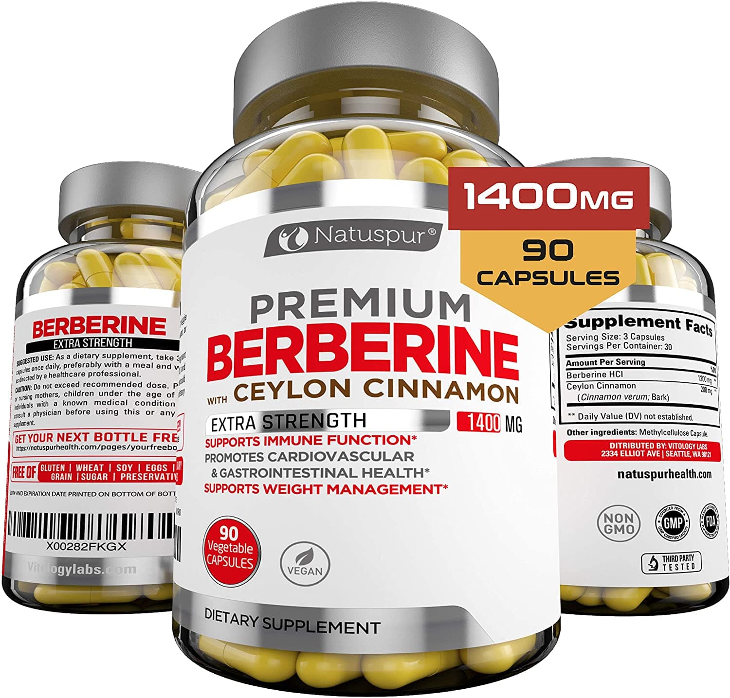 Natuspur Natuspur Premium Berberine HCL Plus Ceylon Cinnamon 1400mg 90 Capsules