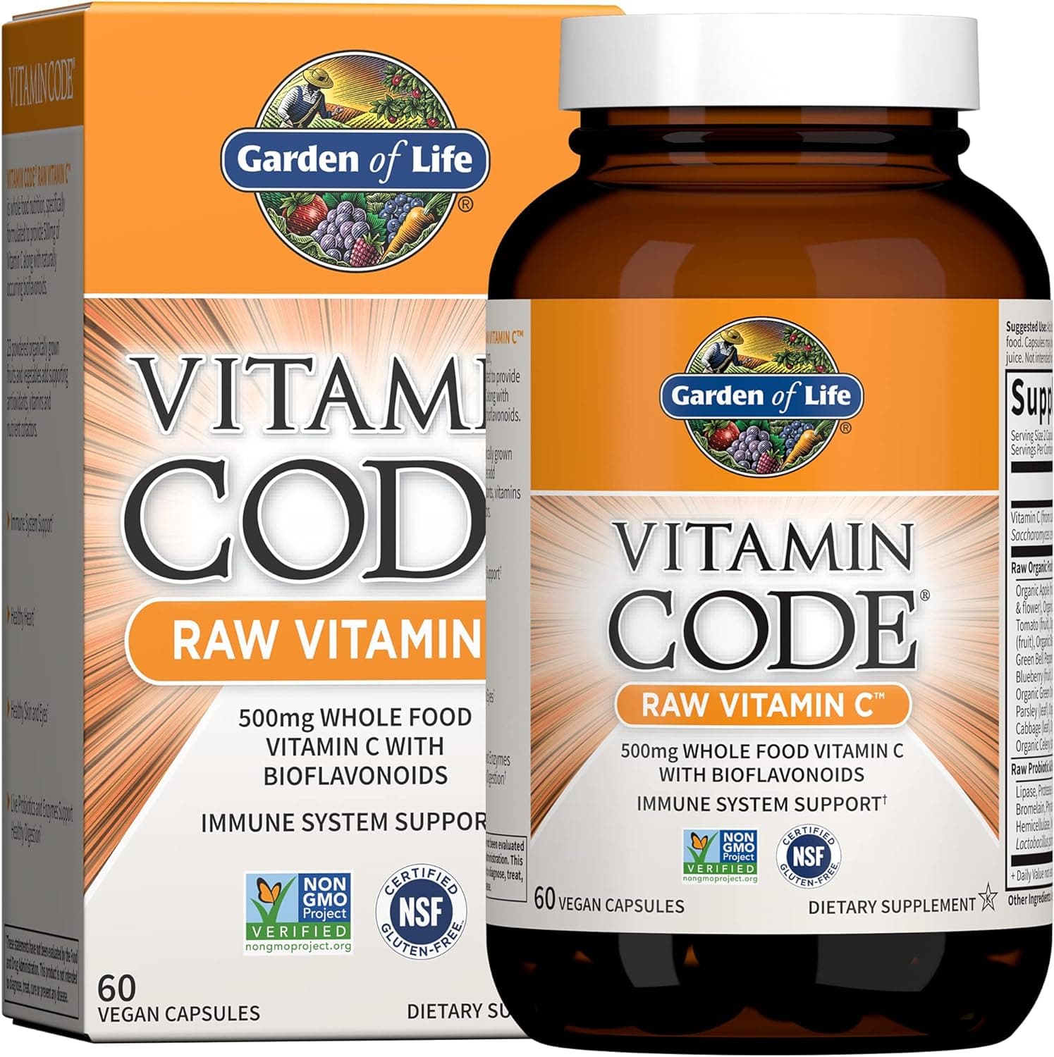 Garden of Life Whole Food Raw Vitamin C 500mg | Garden of Life Natural Supplements | 60 Capsules