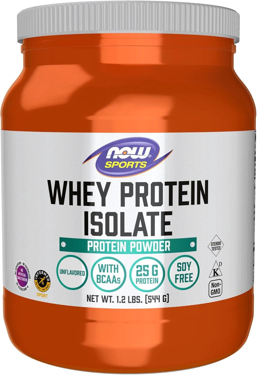 now NOW Sports Whey Protein Isolate - 25g Protein with BCAAs | Unflavored Powder |1.2 lb (544g)