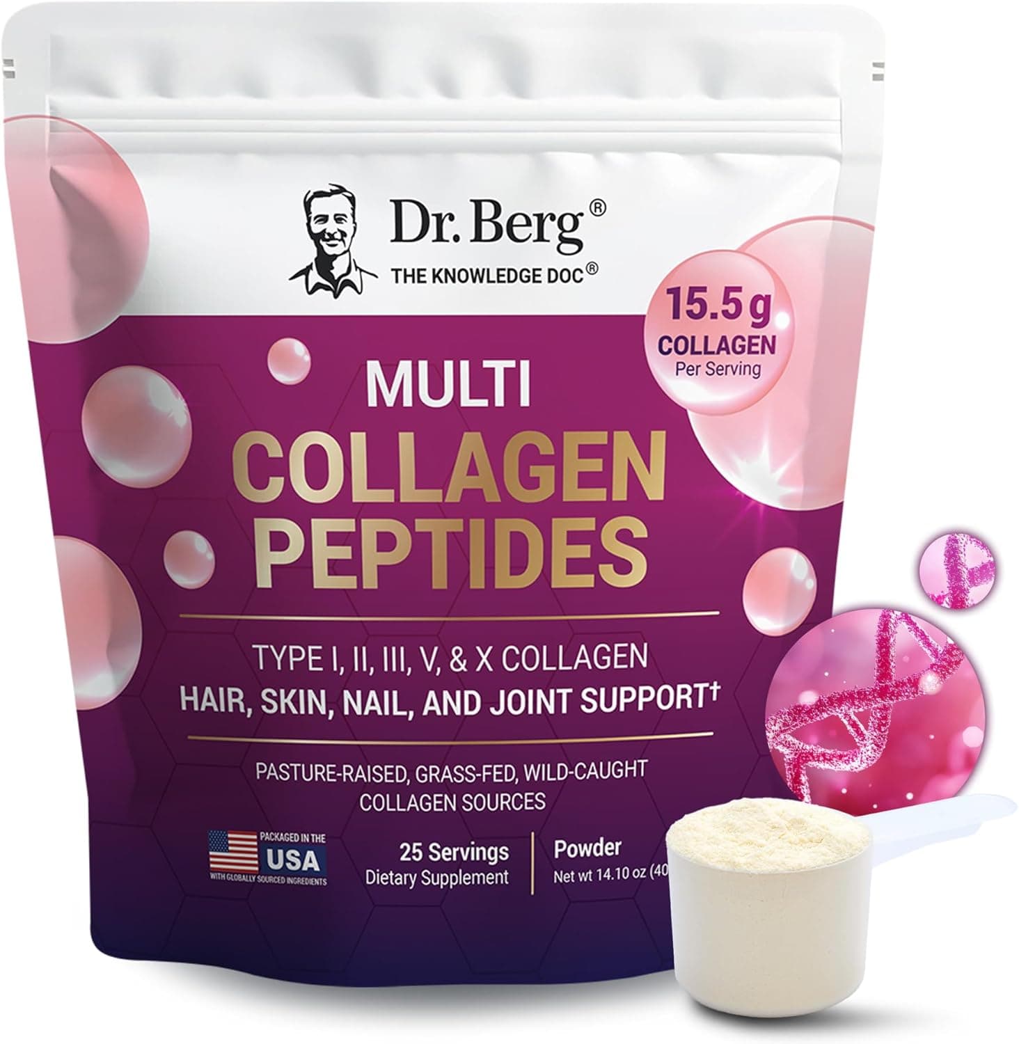 Dr Berg's Dr. Berg Multi Collagen Peptides Powder – Grass-Fed, Pasture-Raised & Wild-Caught Collagen Sources – 25 Servings