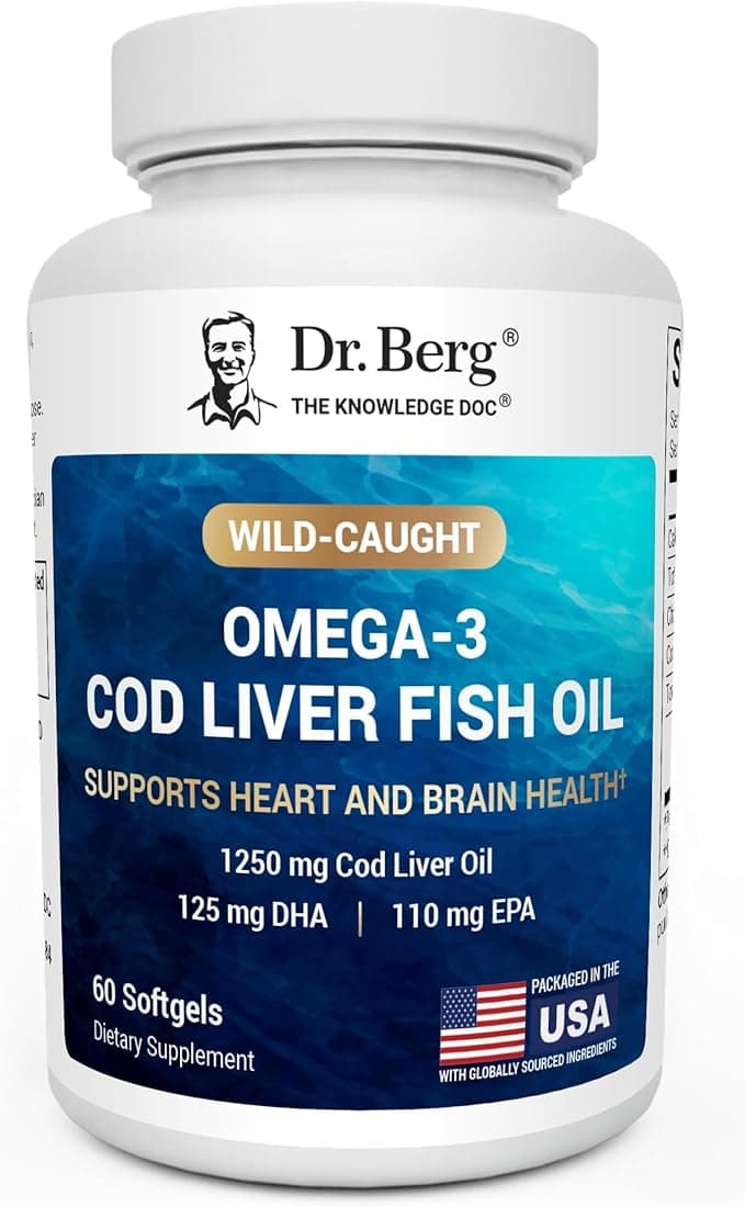 Dr Berg's Dr. Berg Cod Liver Oil | Wild Caught Omega-3 & Vitamin A+D | 60 Softgels