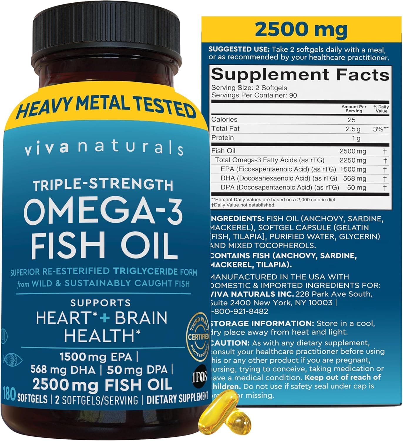 Viva Naturals Omega 3 Fish Oil Supplement for Women and Men – 180 Softgels