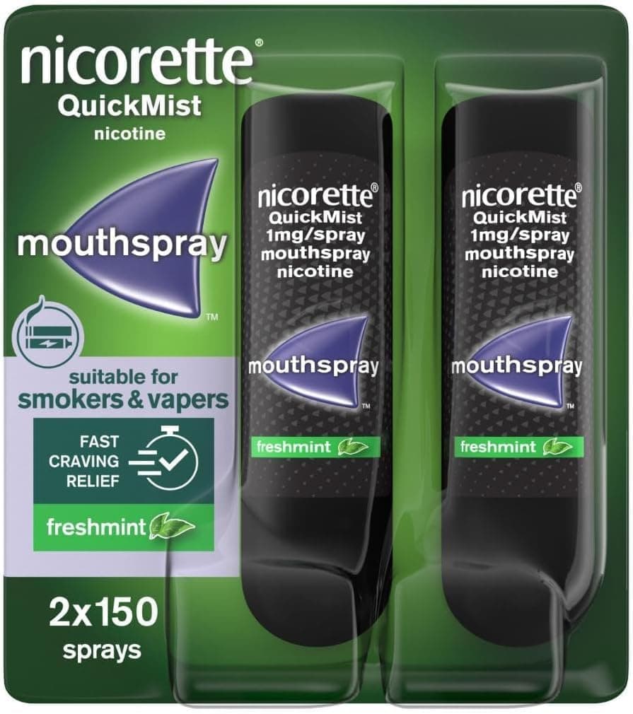 Nicorette Nicorette QuickMist Mouthspray, Freshmint (2 x 150 Sprays) Smoking or Vaping Cessation Aid, designed to start reducing cravings in 30 seconds (Quit Smoking or Quit Vaping Aid)